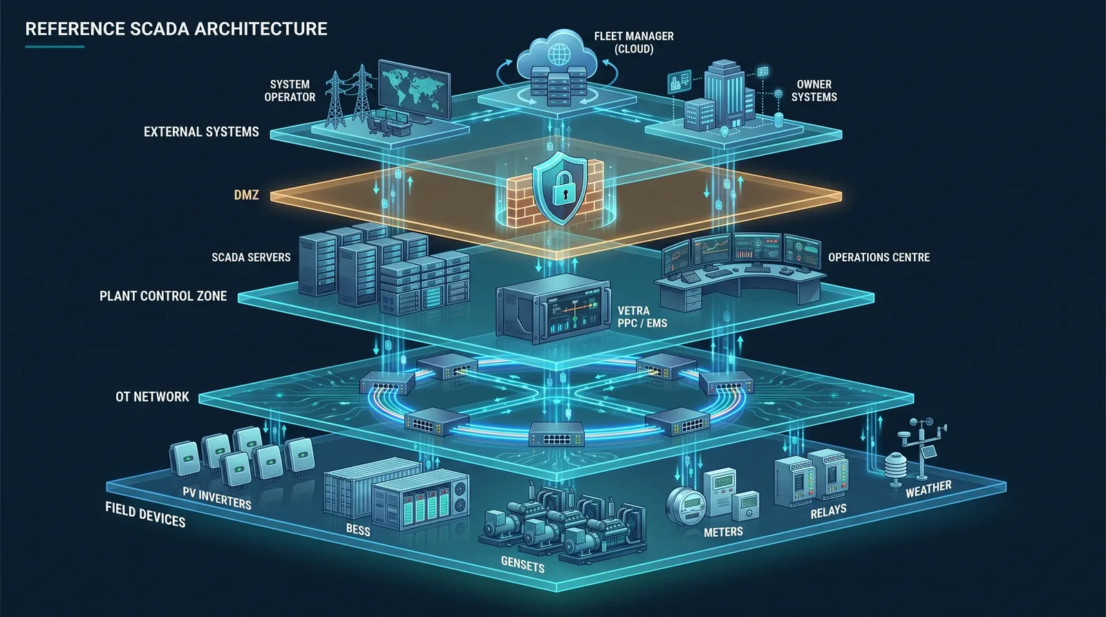 Reference SCADA architecture: field devices, OT network, plant control zone, DMZ and external systems